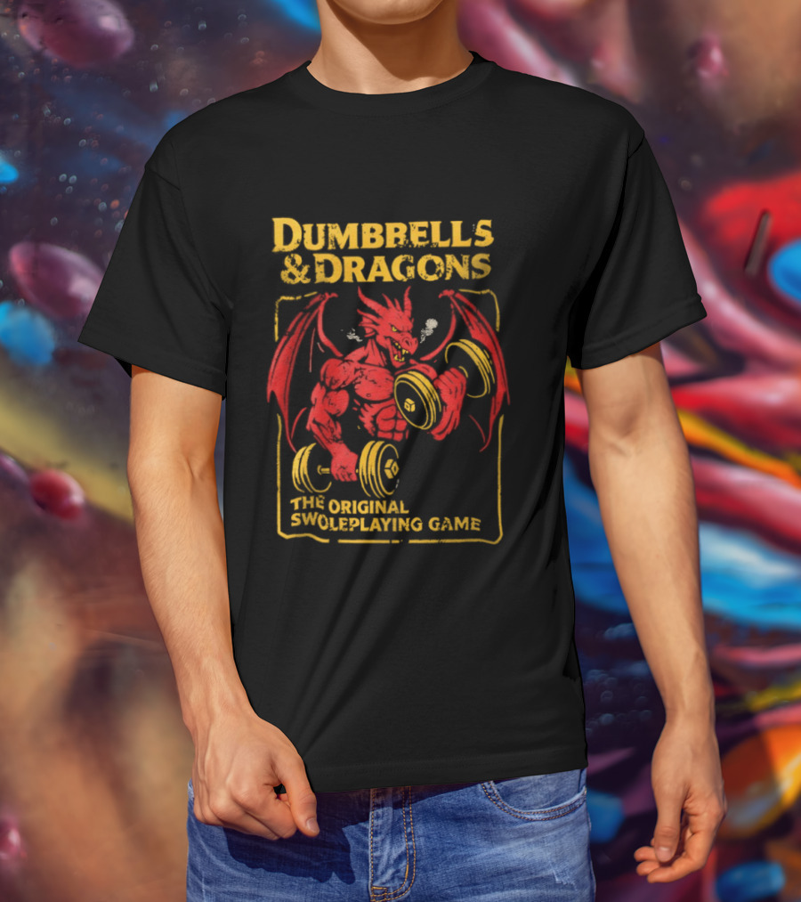 Dumbbells And Dragons The Original Swoleplaying Game Red Dragon Lifting Weights T-Shirt
