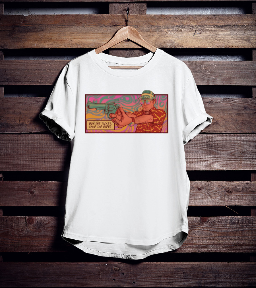 Raoul Duke Buy The Ticket Take The Ride Psychedelic Art Gun And Sunglasses Scene T-Shirt