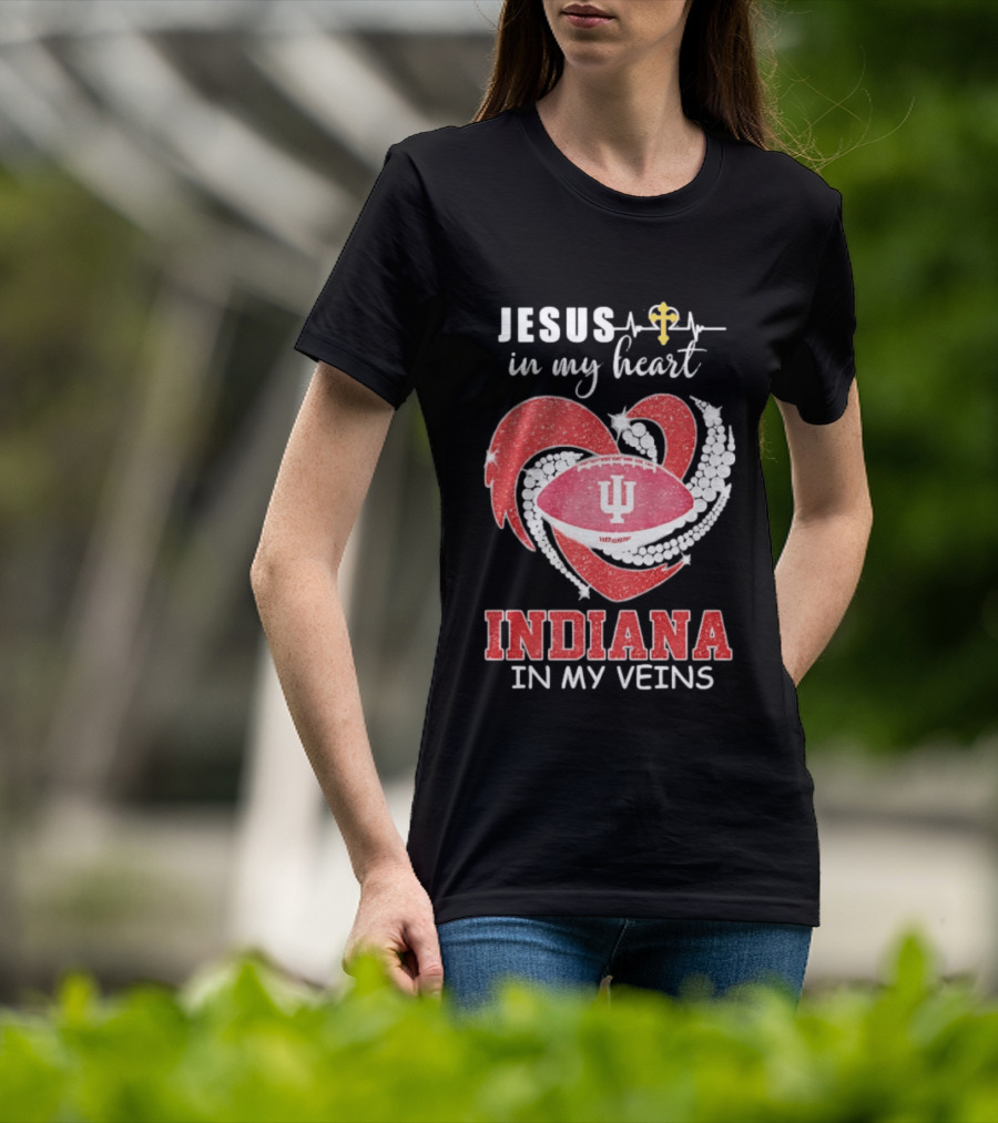 Jesus In My Heart Indiana In My Veins IU Football Heartbeat Cross T-Shirt