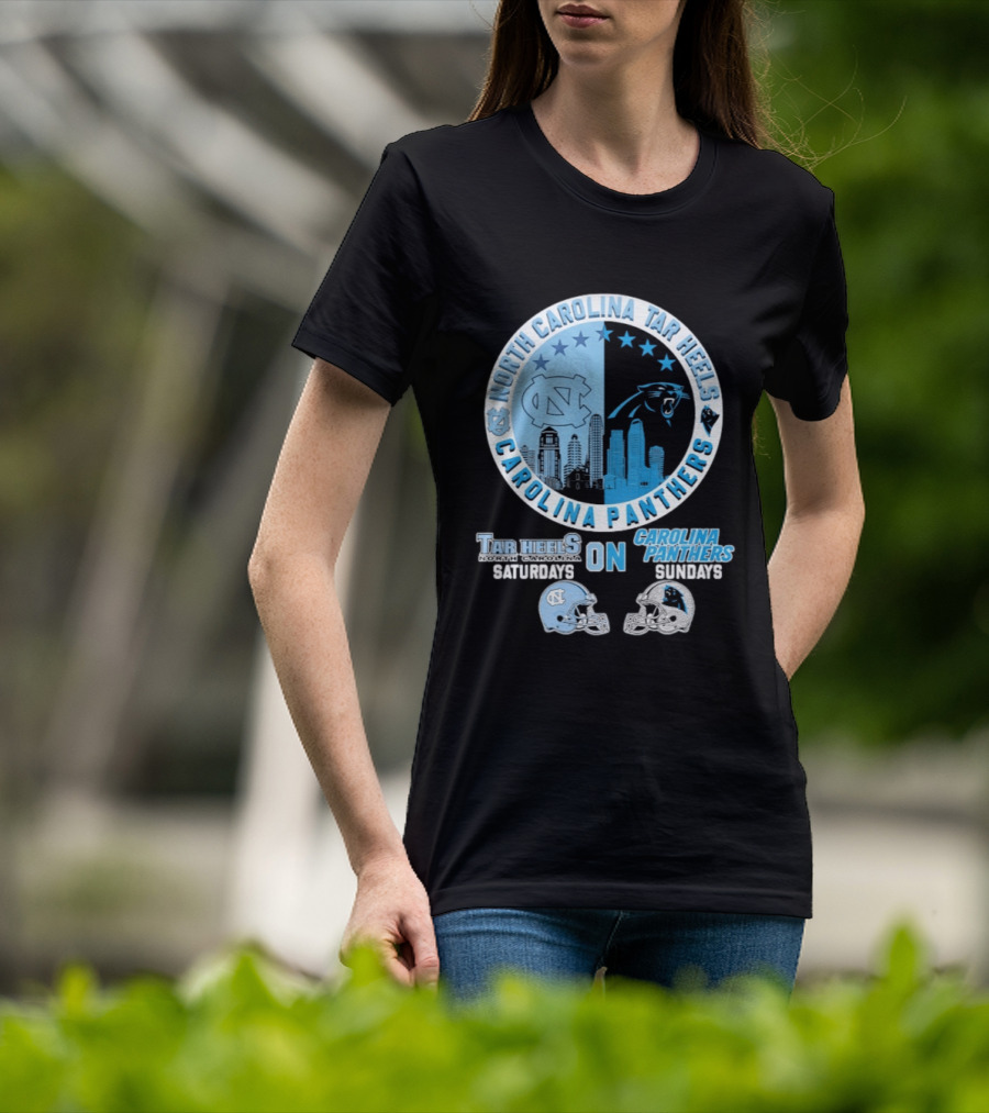 North Carolina Tar Heels Saturdays Carolina Panthers Sundays Helmet Mashup T-Shirt
