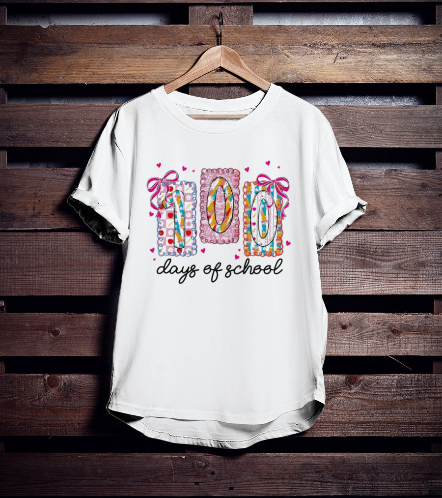 Colorful 100 Days Of School Celebration With Hearts And Bows T-Shirt