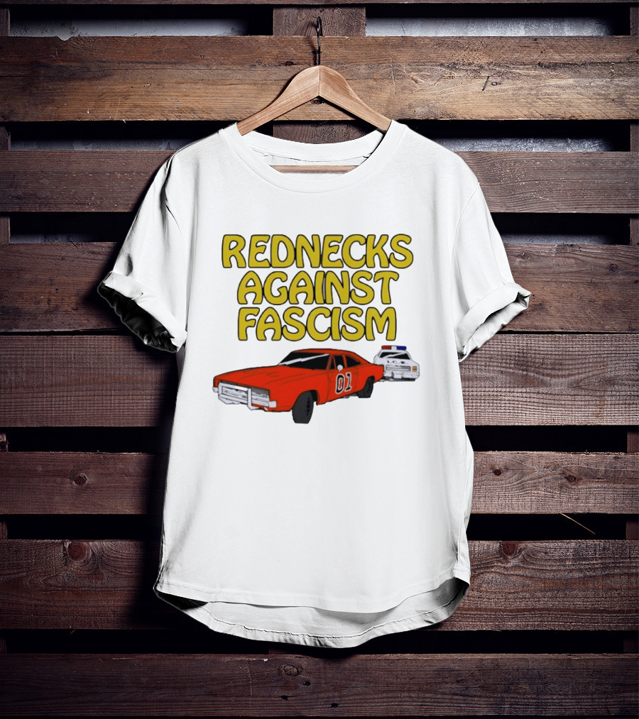 Rednecks Against Fascism Car Cartoon With 01 And Police Chase Scene T-Shirt