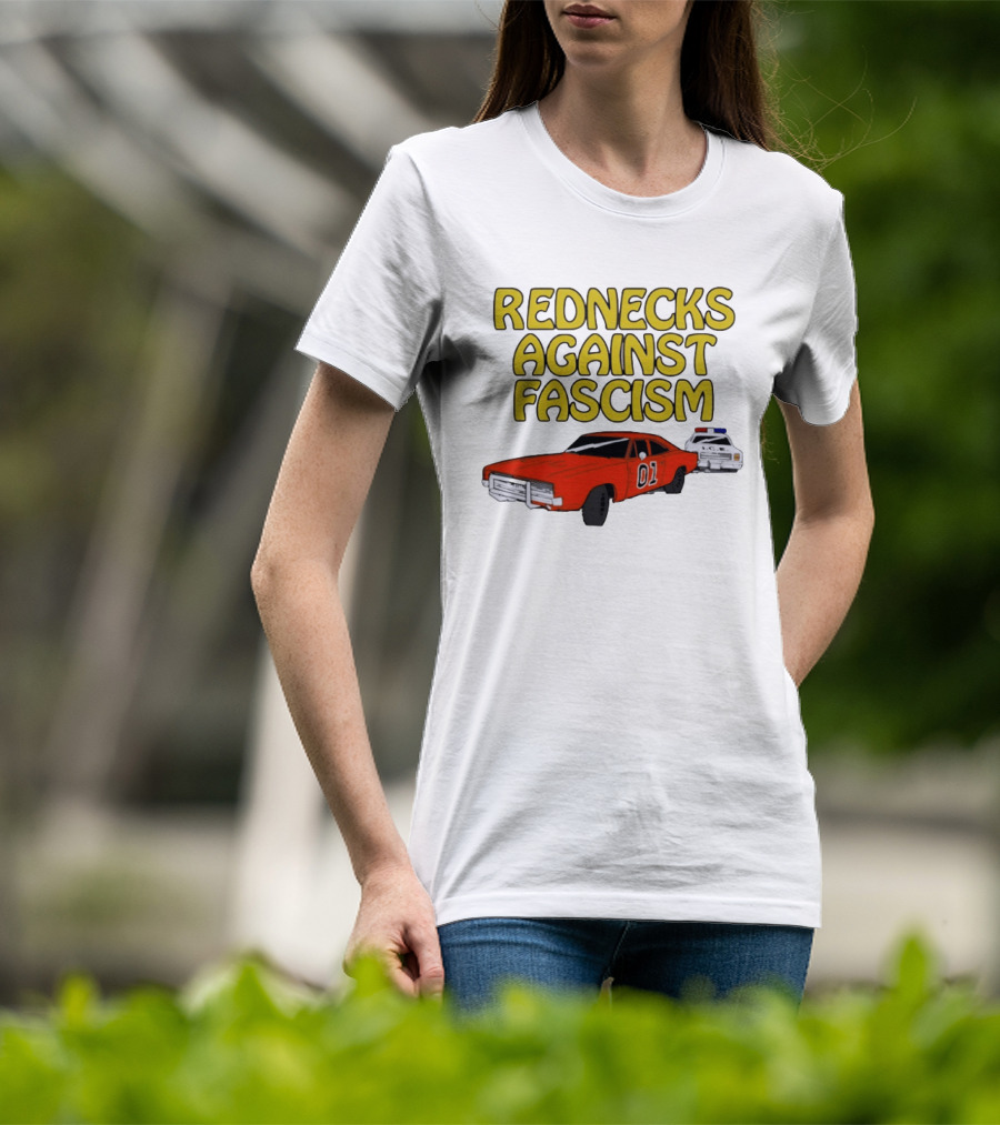 Rednecks Against Fascism Car Cartoon With 01 And Police Chase Scene T-Shirt