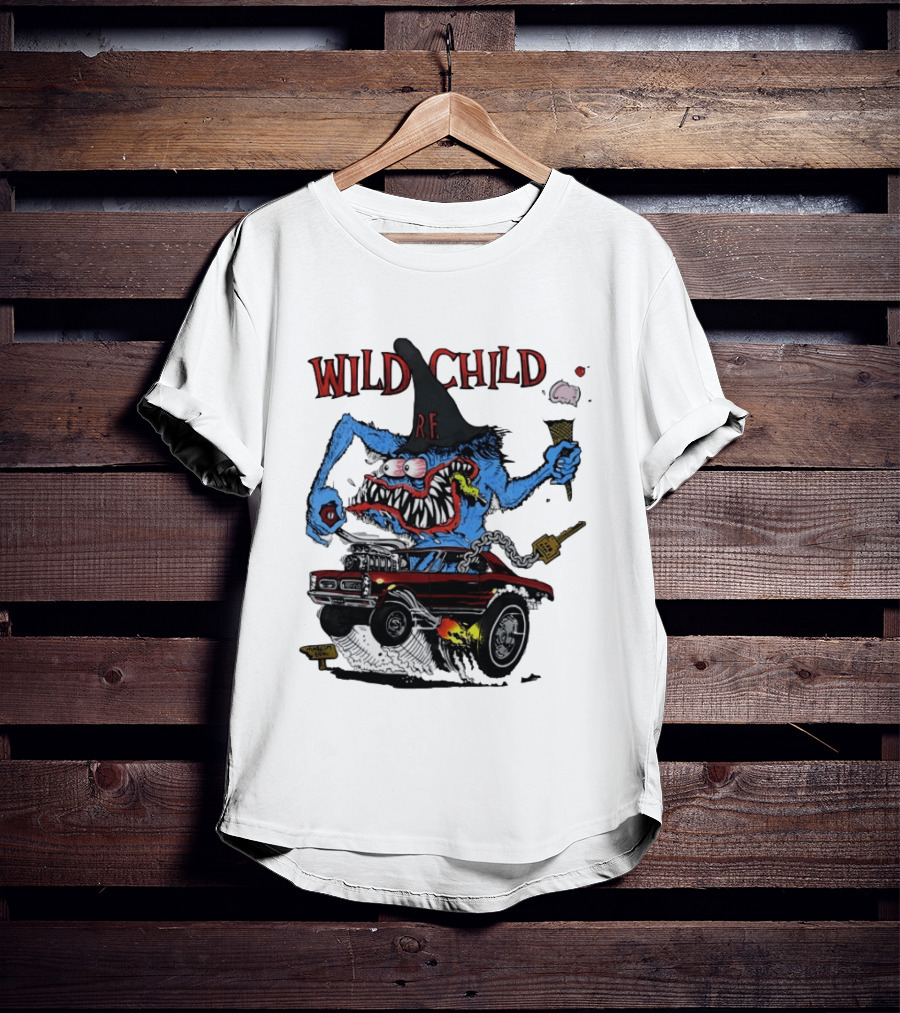 Wild Child Rat Fink R.F. Hot Rod Monster With Ice Cream And Gear Shift T-Shirt