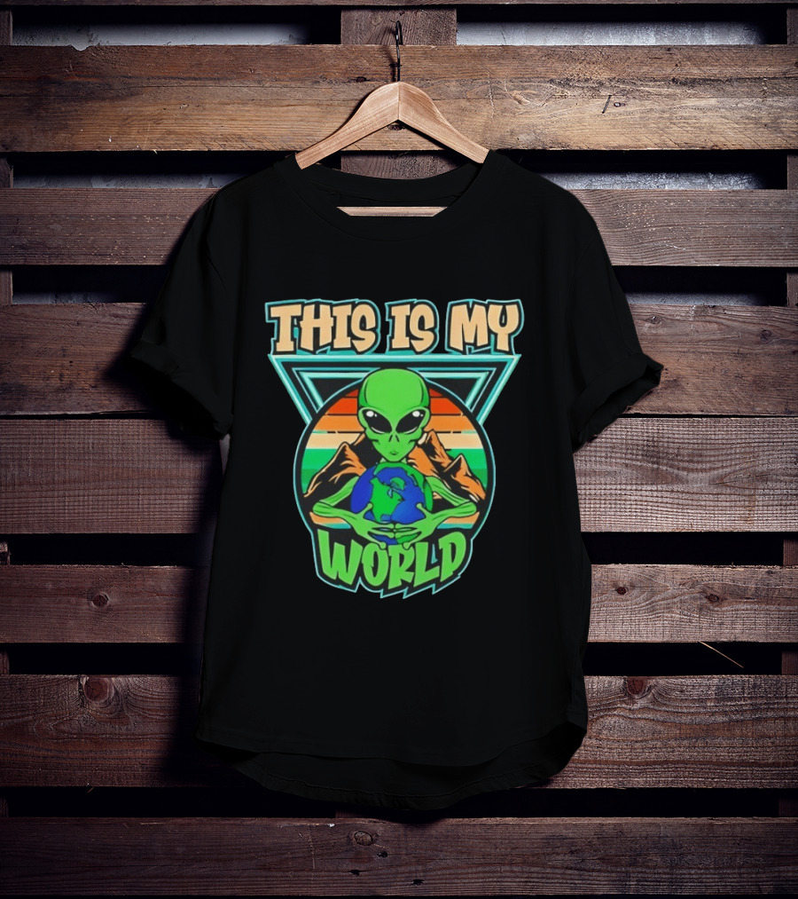 This Is My World Alien Holding Earth Retro Desert Scene T-Shirt