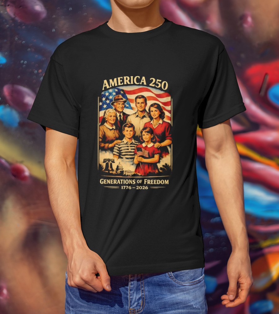 America 250 Generations Of Freedom 1776 2026 Vintage Family With Flag T-Shirt
