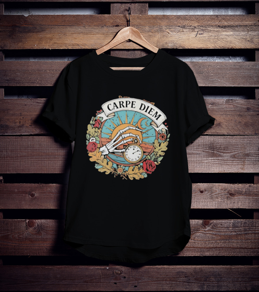 Carpe Diem Memento Mori Skeleton Art Roses Sun Moon T-Shirt