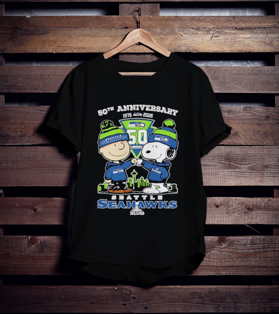 Charlie Brown Snoopy Fist Bump Seattle Seahawks 50th Anniversary Skyline 1976 2026 T-Shirt