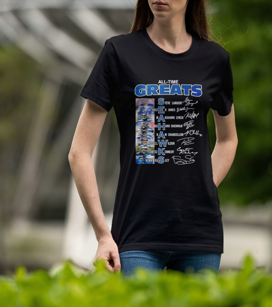 All Time Greats Seattle Seahawks Steve Largent Walter Jones Russell Wilson Legion Of Boom T-Shirt