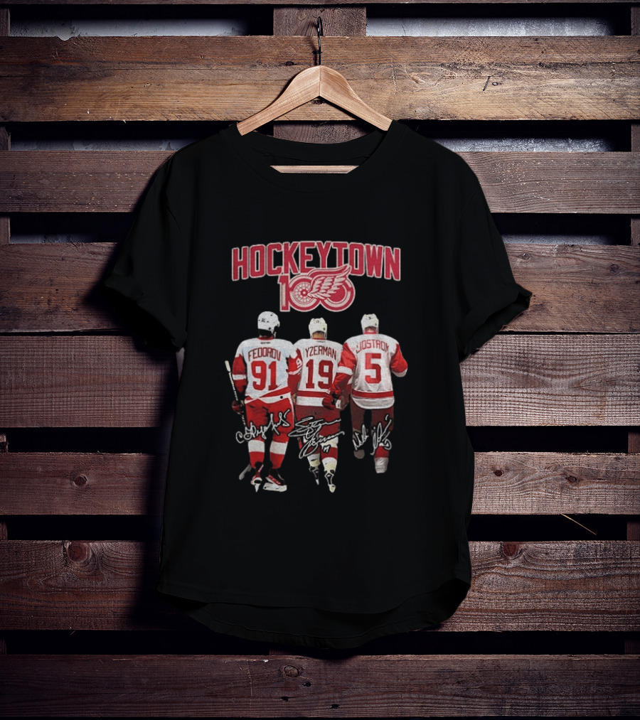 Hockeytown 100 Detroit Red Wings Fedorov Yzerman Lidstrom Signatures 91 19 5 T-Shirt