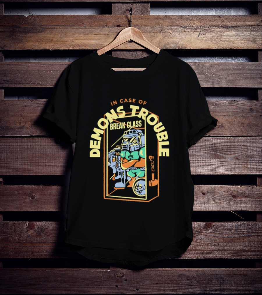 In Case Of Demons Trouble Break Glass Doom Retro Gaming T-Shirt