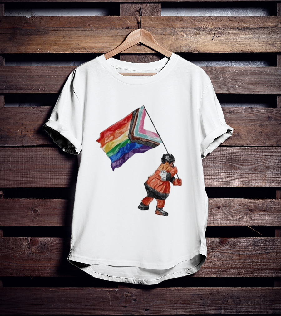 Philadelphia Hockey Mascot Holding Progress Pride Flag T-Shirt