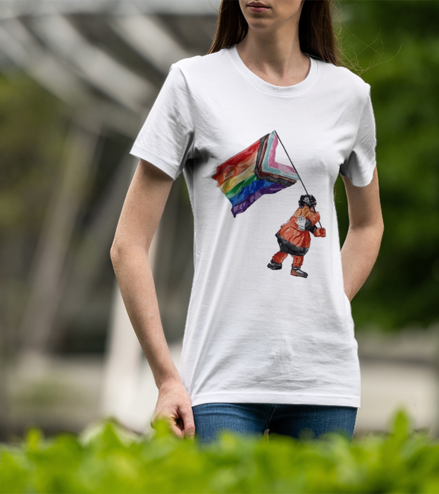 Philadelphia Hockey Mascot Holding Progress Pride Flag T-Shirt
