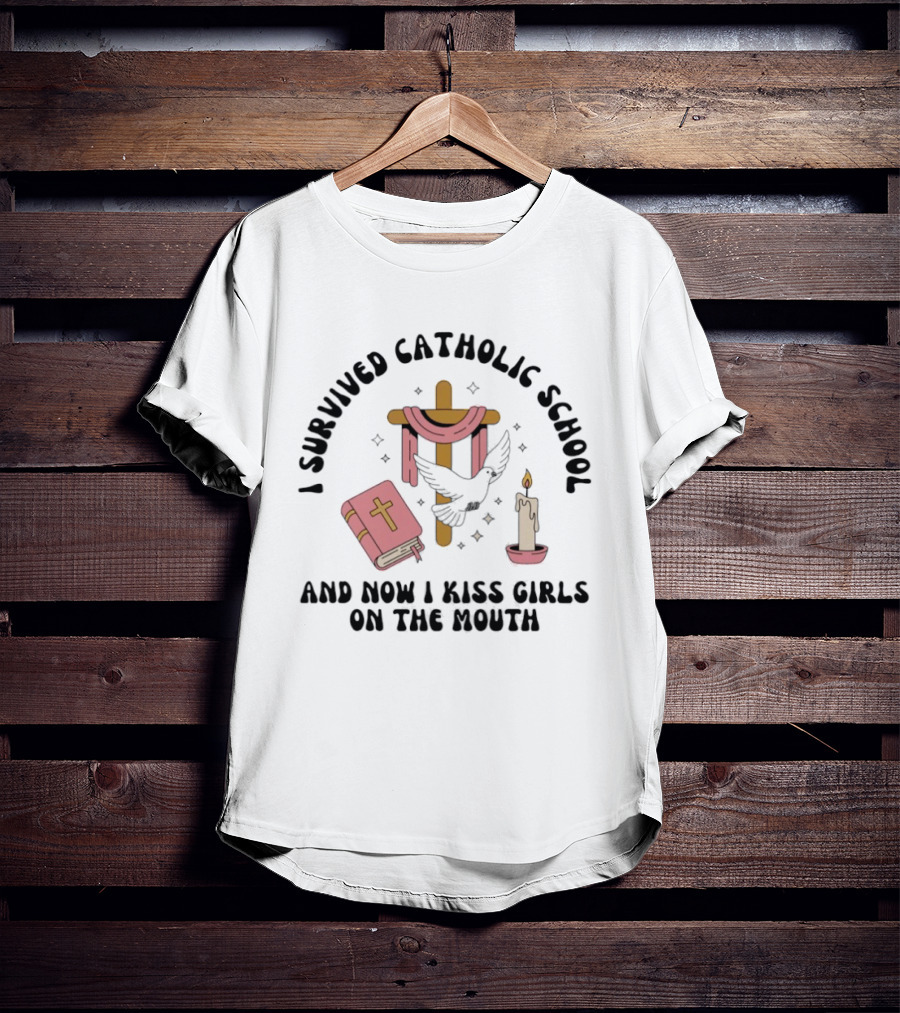 I Survived Catholic School Cross Bible Candle Dove Kiss Girls T-Shirt