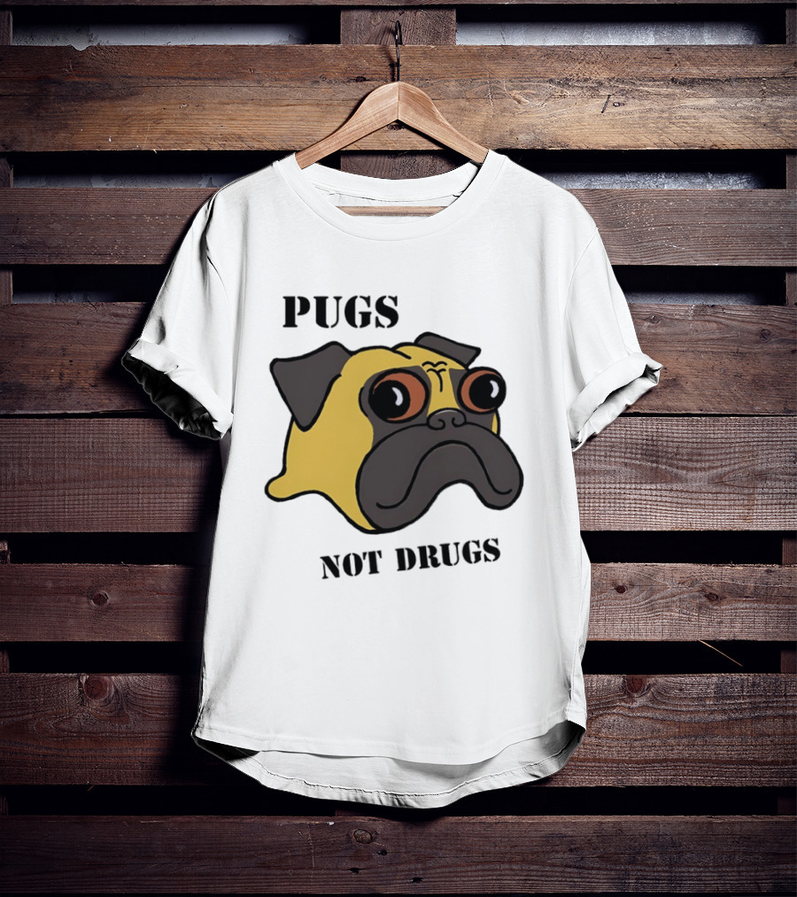 Pugs Not Drugs Cartoon Dog Face Funny Anti Drug Message T-Shirt