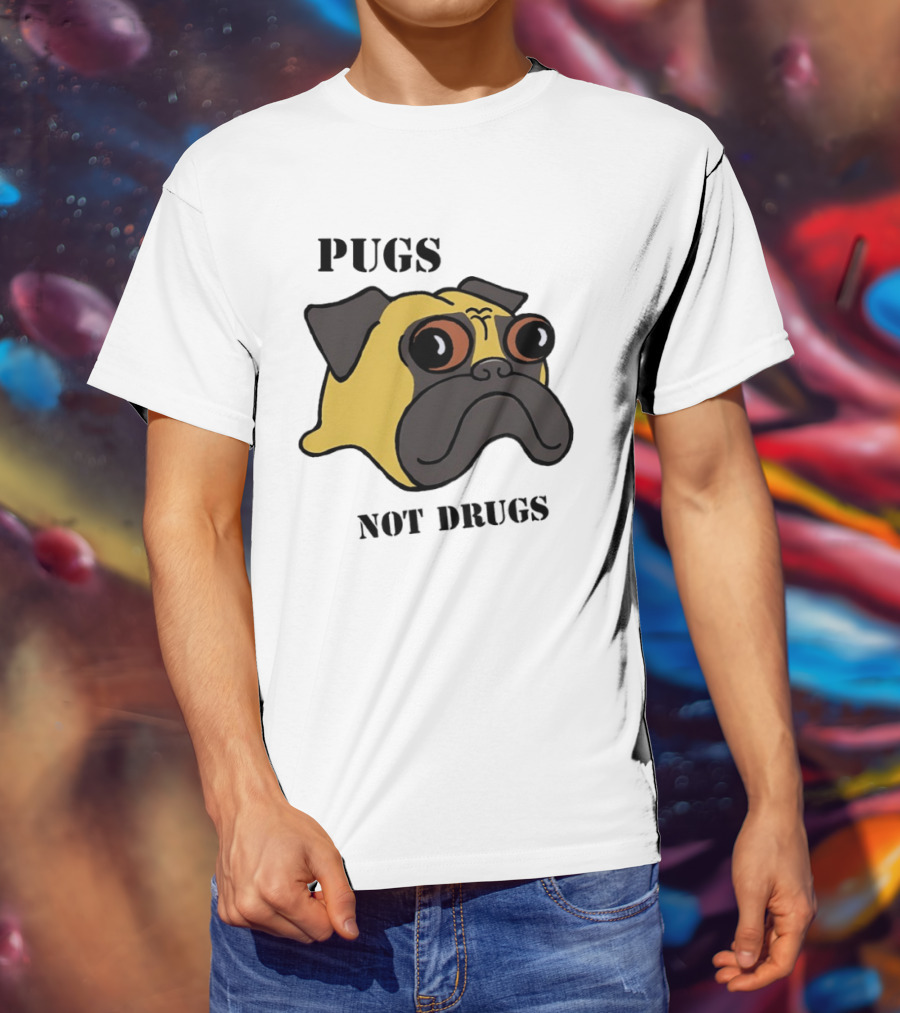 Pugs Not Drugs Cartoon Dog Face Funny Anti Drug Message T-Shirt