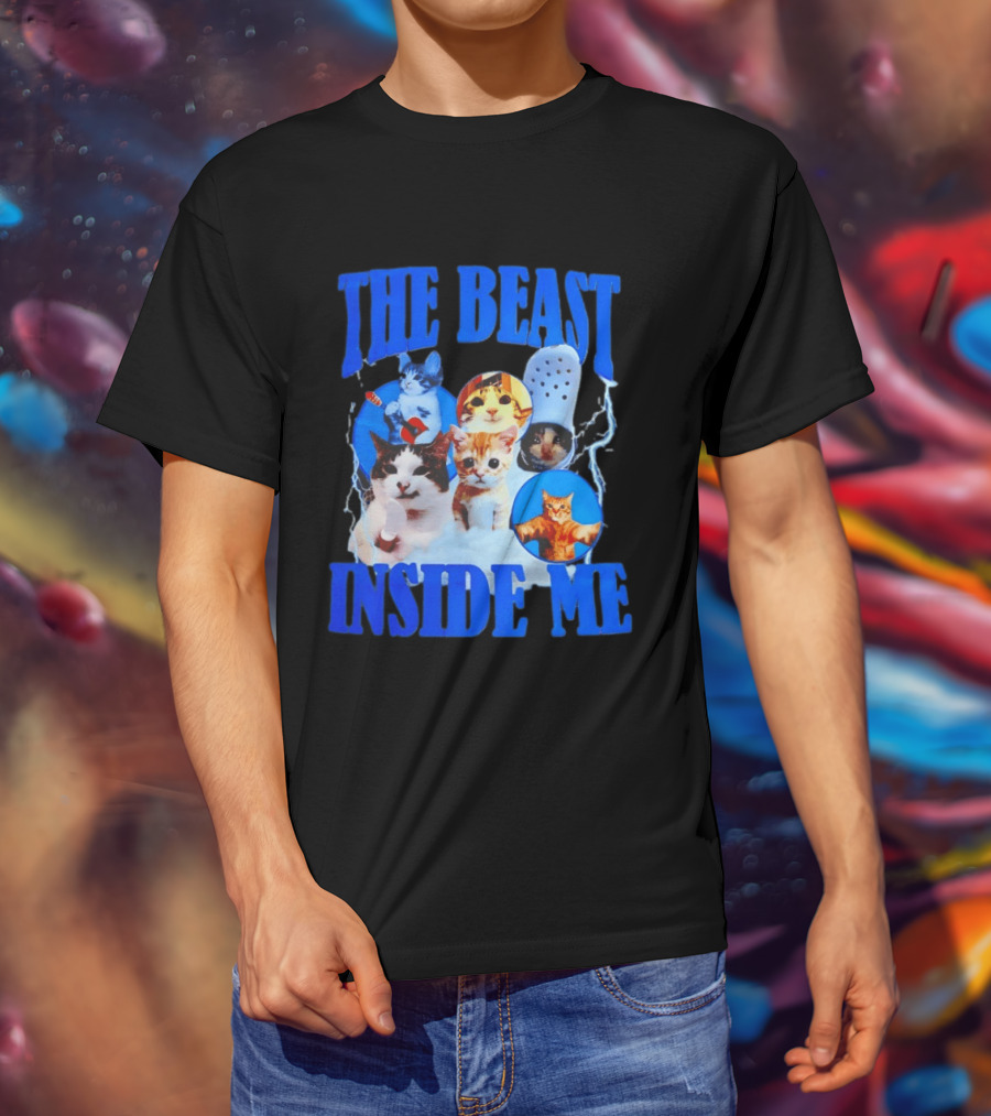 The Beast Inside Me Cat Collage With Blue Electric Accents T-Shirt
