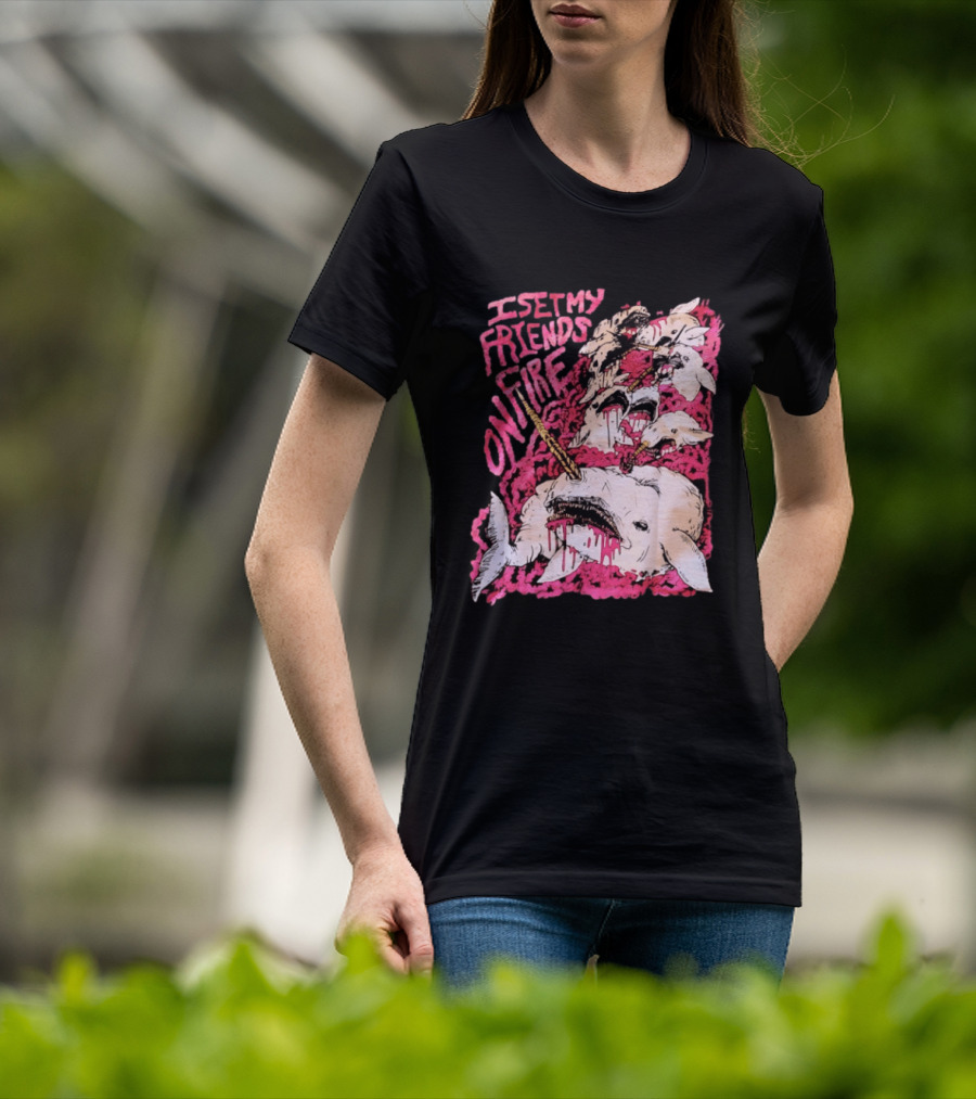 I Set My Friends On Fire Narwhal Pink And White T-Shirt