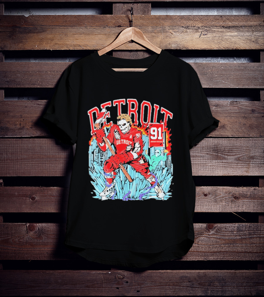 Detroit Hockey 91 Skeleton Player Red Jersey Cityscape Flame T-Shirt