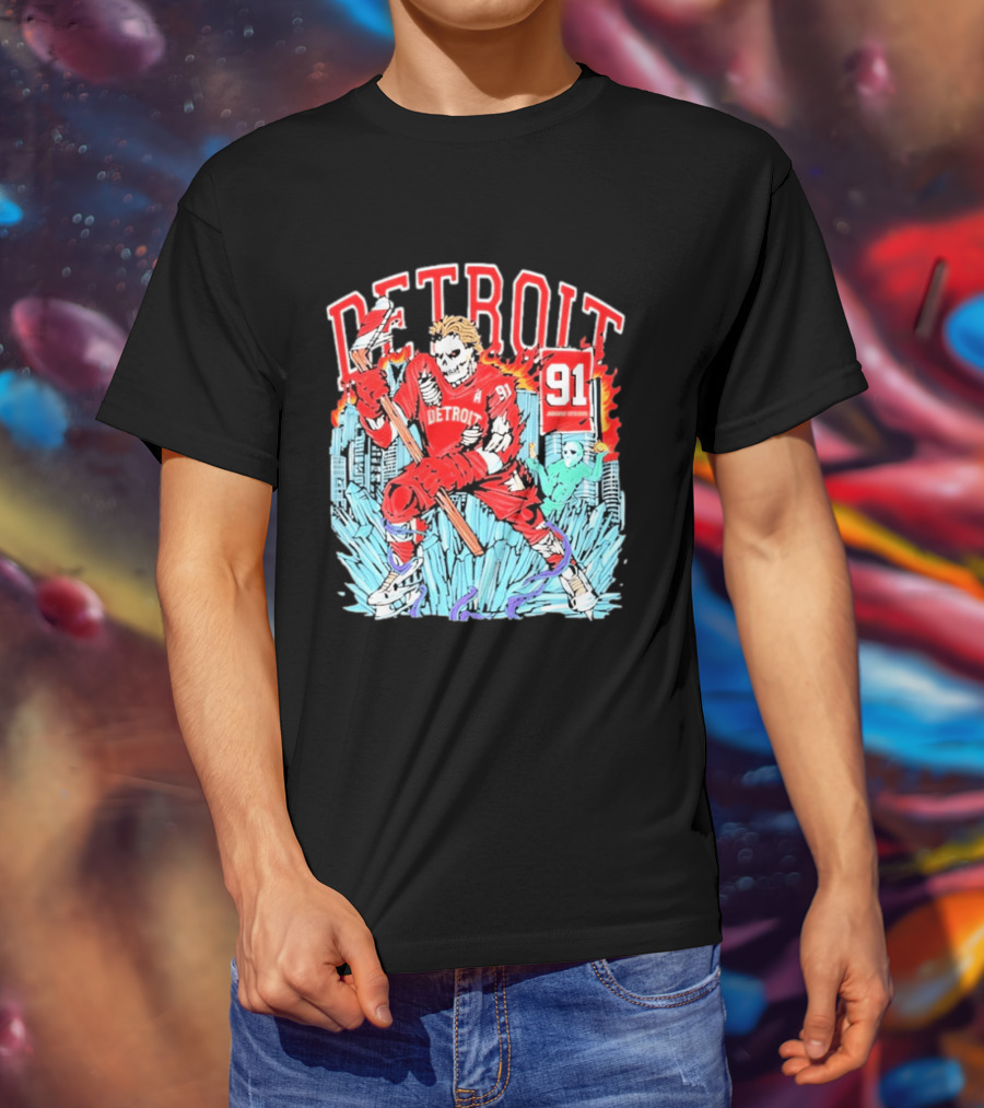 Detroit Hockey 91 Skeleton Player Red Jersey Cityscape Flame T-Shirt