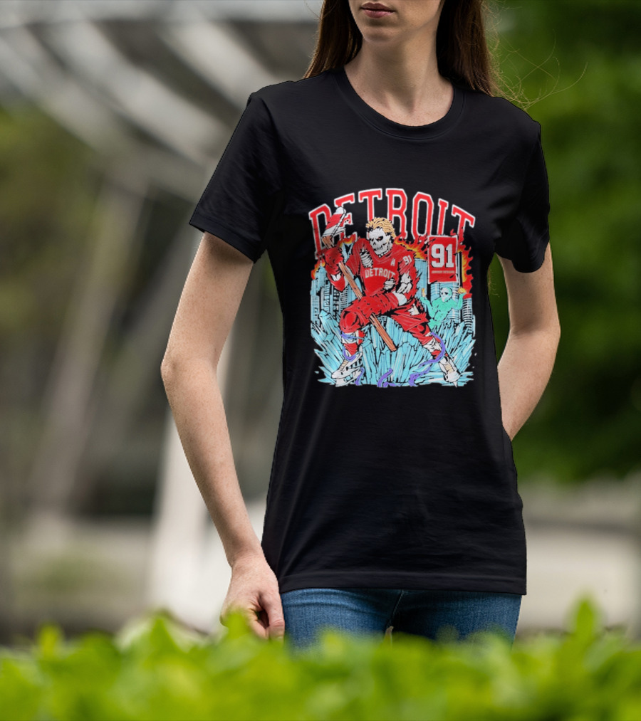 Detroit Hockey 91 Skeleton Player Red Jersey Cityscape Flame T-Shirt
