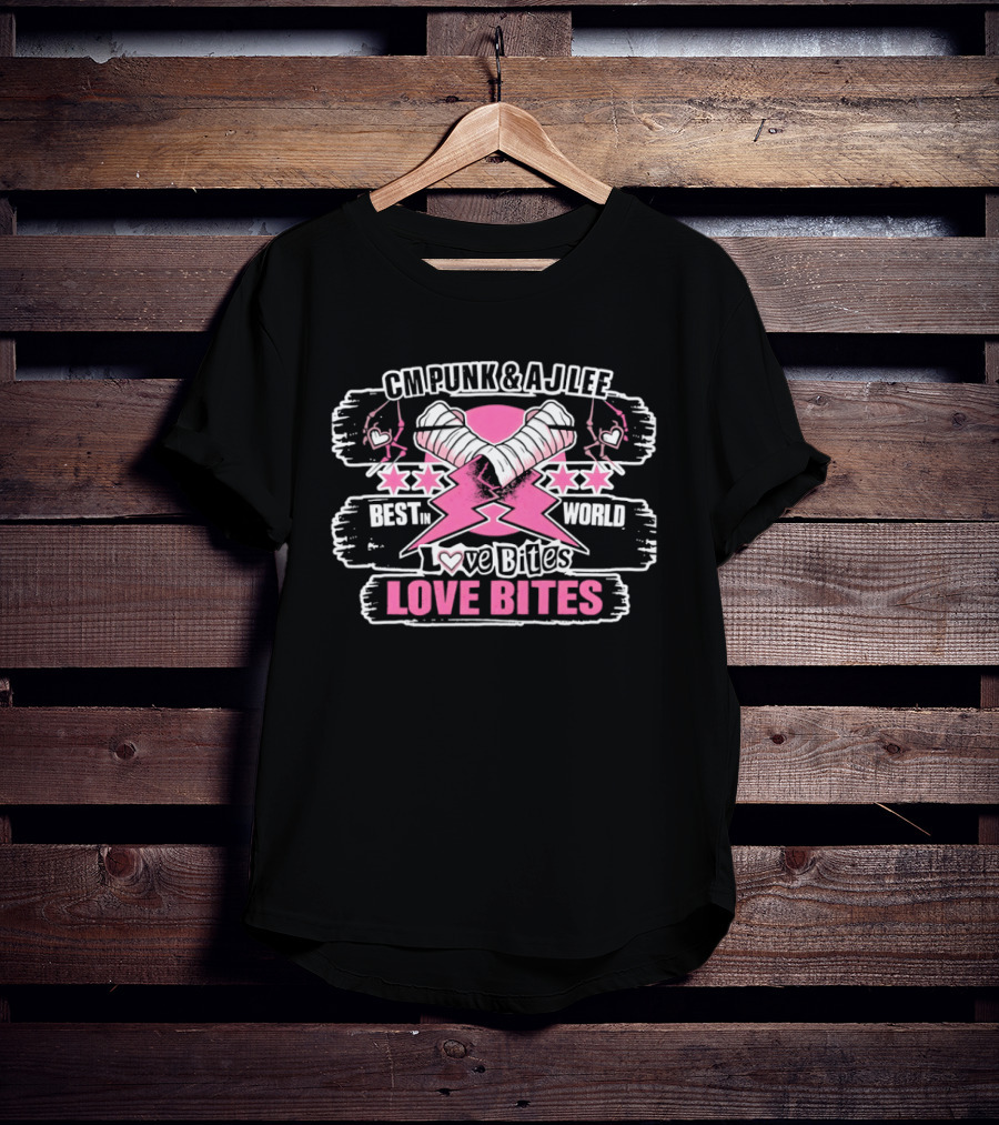 CM Punk AJ Lee Best In The World Love Bites Pink Heart Stars T-Shirt