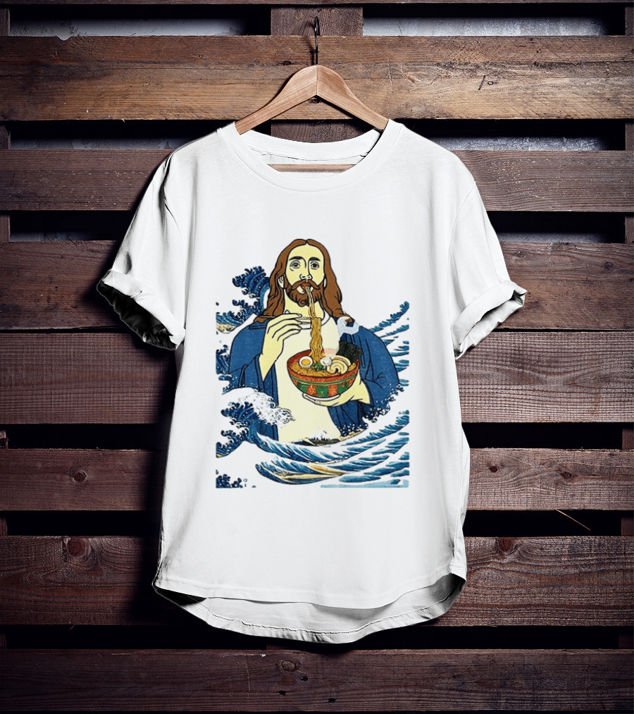 God Eats Ramen Jesus Wave Meme With Bowl Of Noodles T-Shirt
