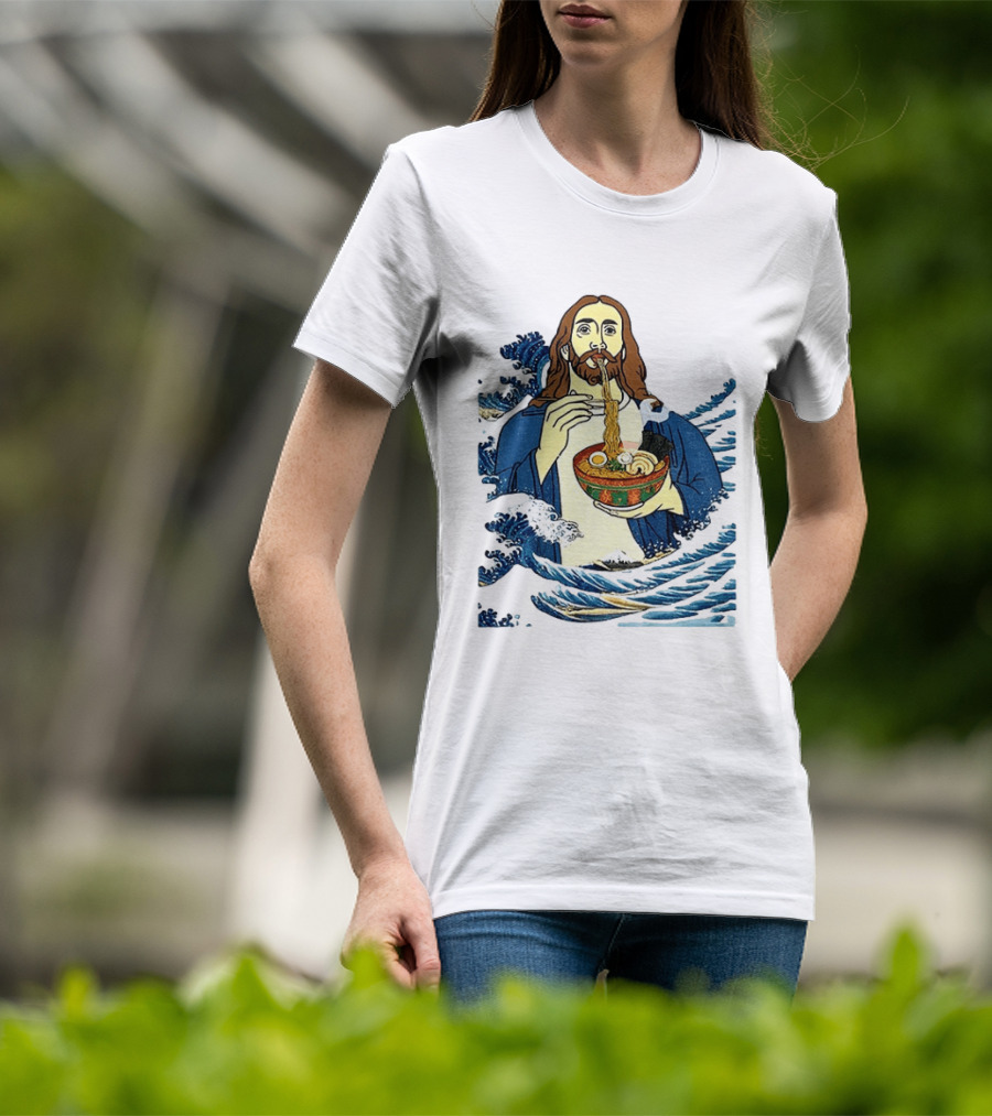 God Eats Ramen Jesus Wave Meme With Bowl Of Noodles T-Shirt