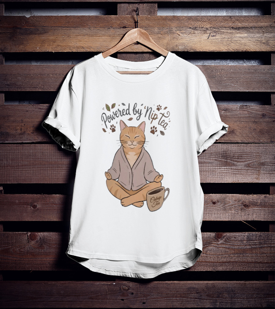 Powered By Nip Tea Catnip Tea Meditating Cat With Paw Prints T-Shirt