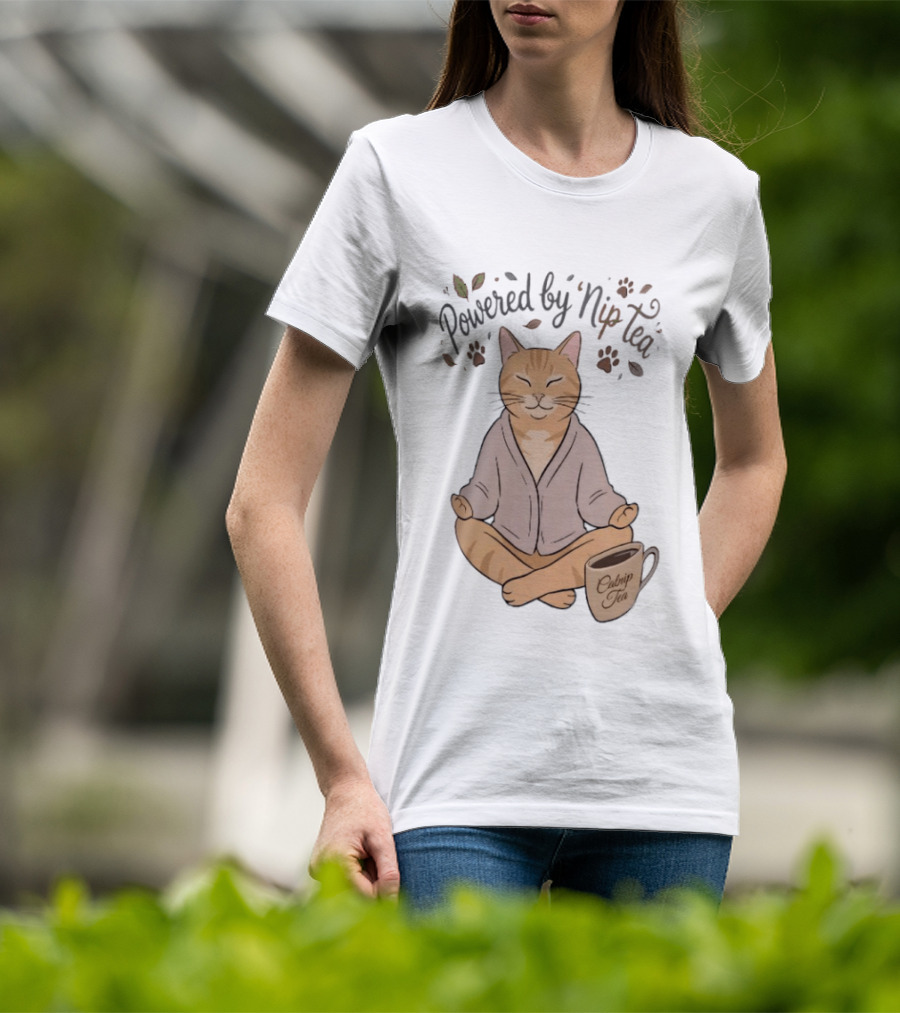 Powered By Nip Tea Catnip Tea Meditating Cat With Paw Prints T-Shirt