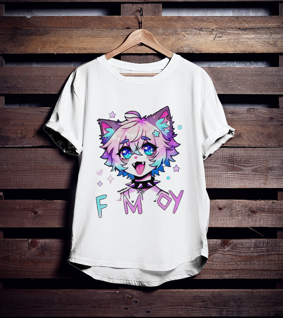 Femboy Cat Boy Anime Spike Collar Starry Eyes Pastel Ears T-Shirt
