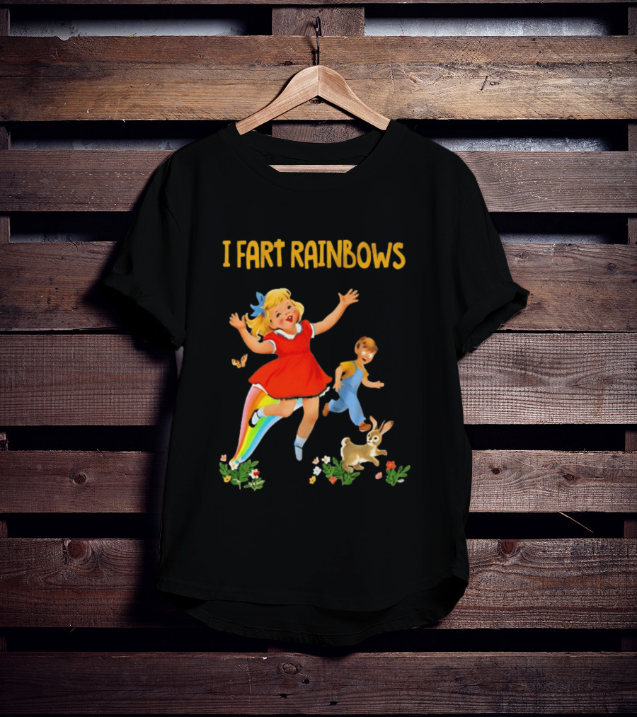 I Fart Rainbows Vintage Retro Kids Playing Butterflies Rabbits Flowers T-Shirt
