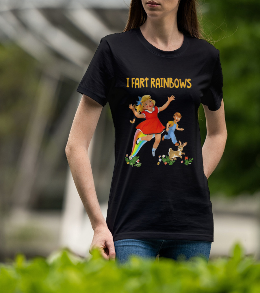 I Fart Rainbows Vintage Retro Kids Playing Butterflies Rabbits Flowers T-Shirt