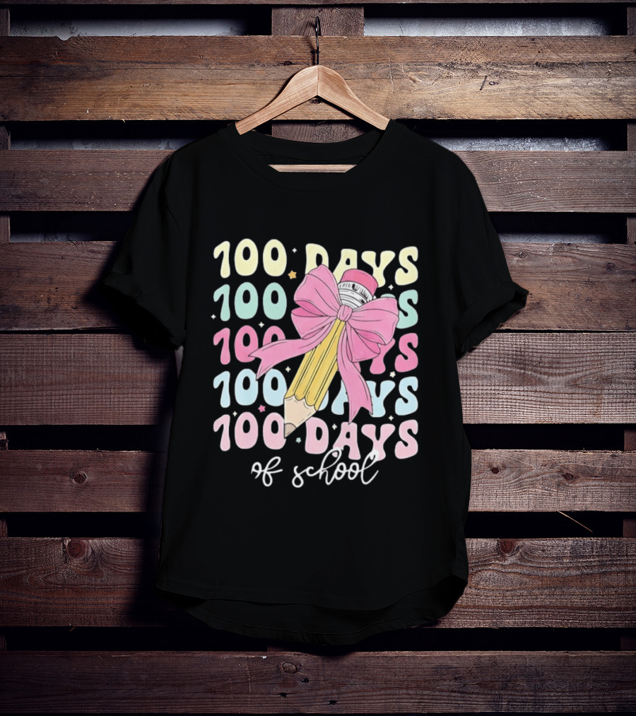 100 Days Of School Pink Bow Pencil Celebration T-Shirt