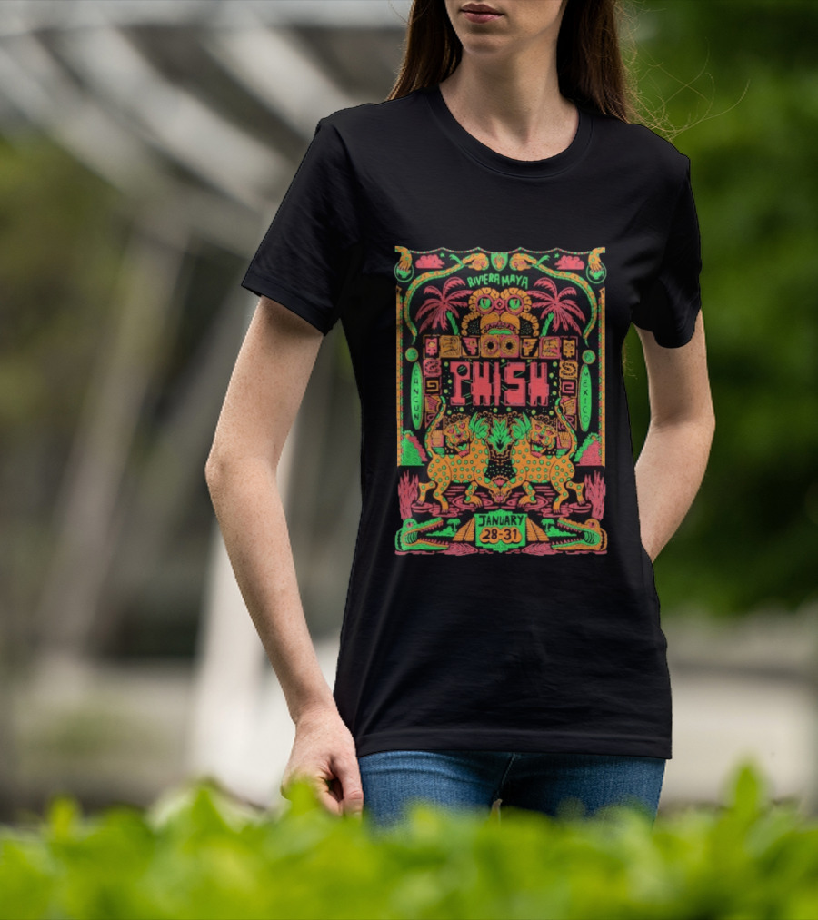 Phish Riviera Maya Cancun Mexico January 28 31 2026 Vibrant Neon Aztec Inspired Tropical T-Shirt