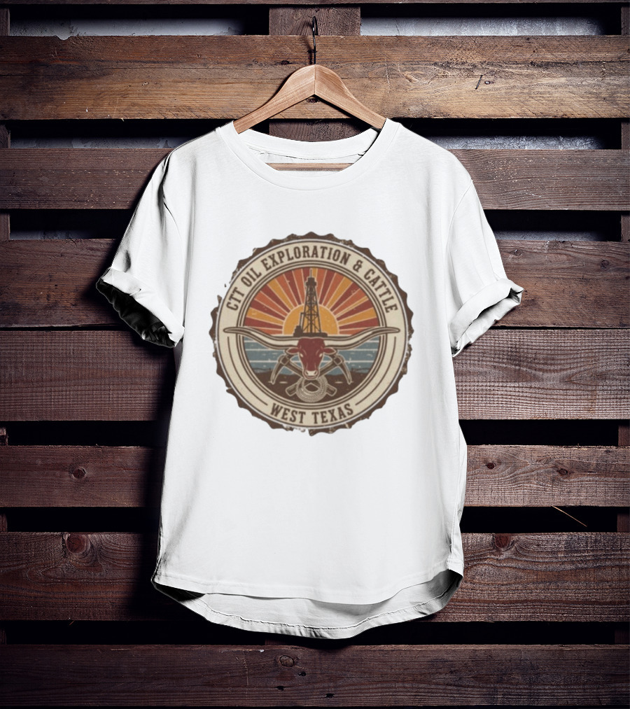 CTT Oil Exploration And Cattle West Texas Landman Sunset Oil Rig And Longhorn T-Shirt