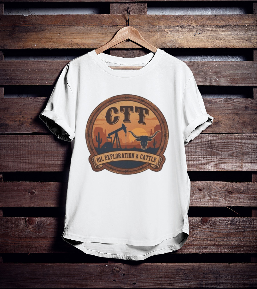 CTT Oil Exploration & Cattle West Texas Sunset Pumpjack And Longhorn Desert Scene T-Shirt