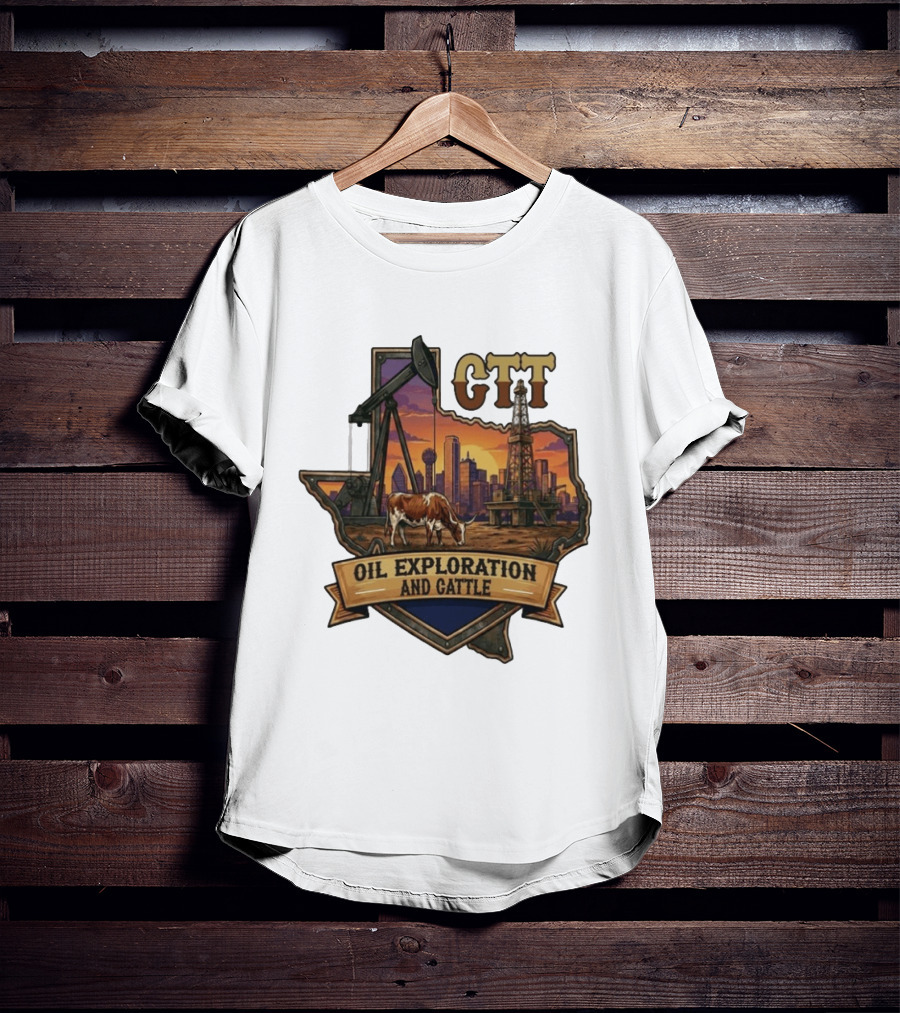 Texas CTT Oil Exploration Cattle Sunset Skyline T-Shirt