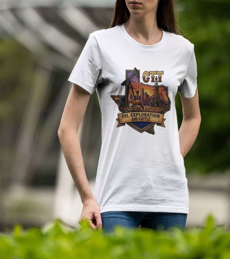 Texas CTT Oil Exploration Cattle Sunset Skyline T-Shirt