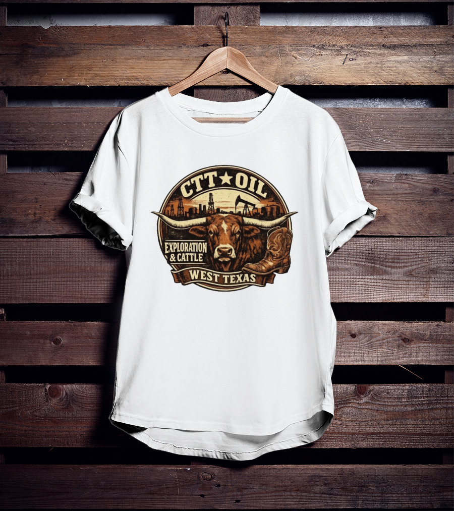 CTT Oil Exploration And Cattle West Texas Longhorn Boot Iconography T-Shirt