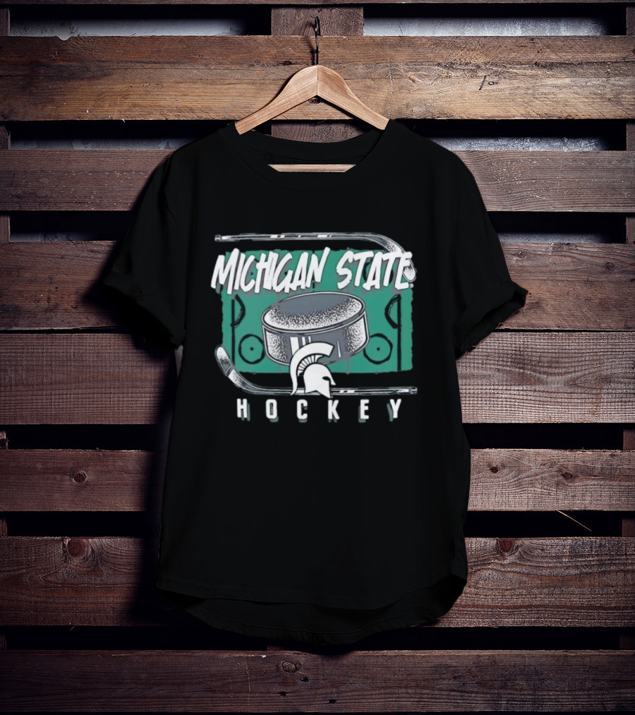 Michigan State Spartans Hockey Puck With Spartan Helmet And Sticks T-Shirt