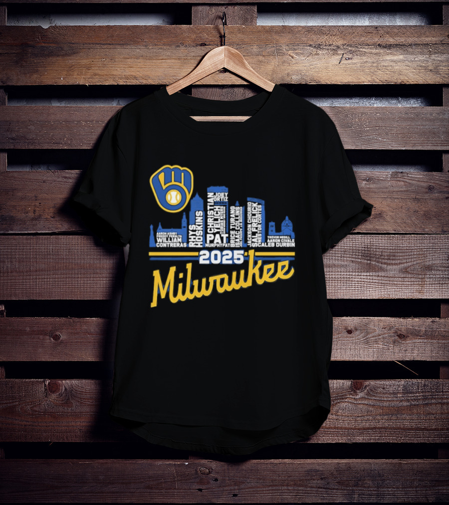 Milwaukee Brewers 2025 City Skyline Baseball Players Names T-Shirt
