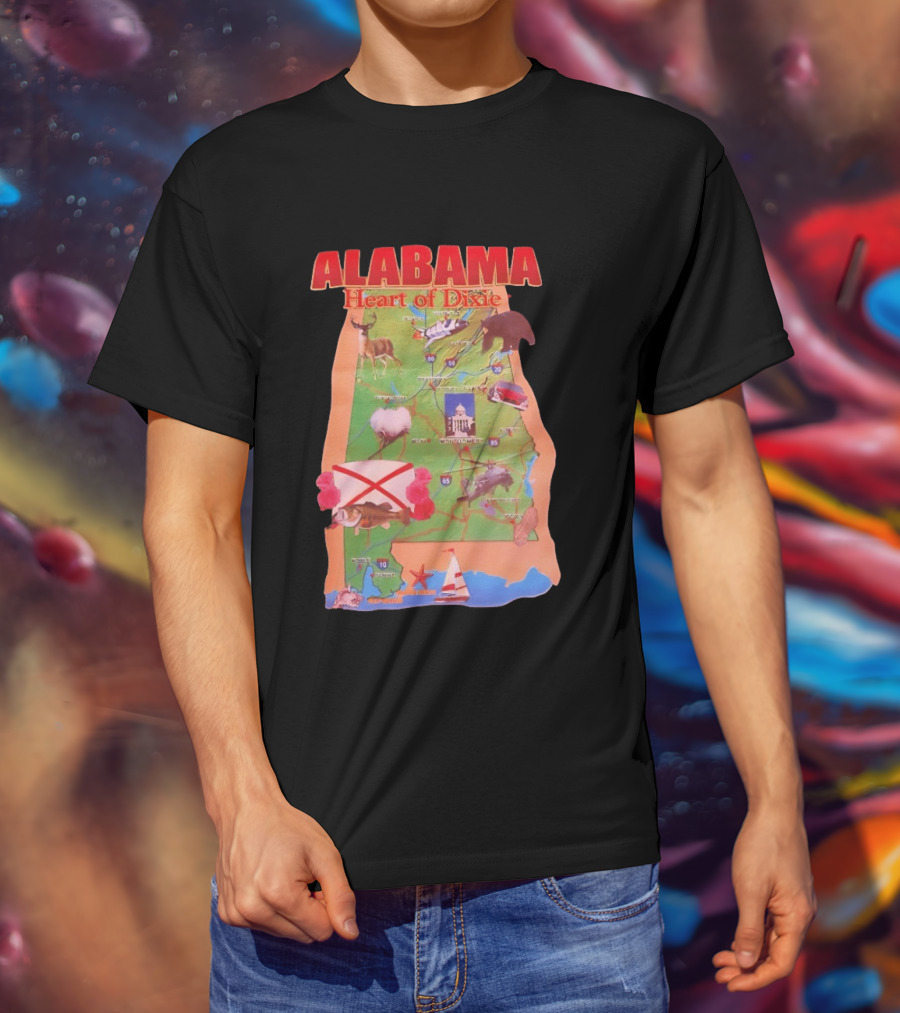 Alabama Heart Of Dixie Map Landmarks And Wildlife T-Shirt