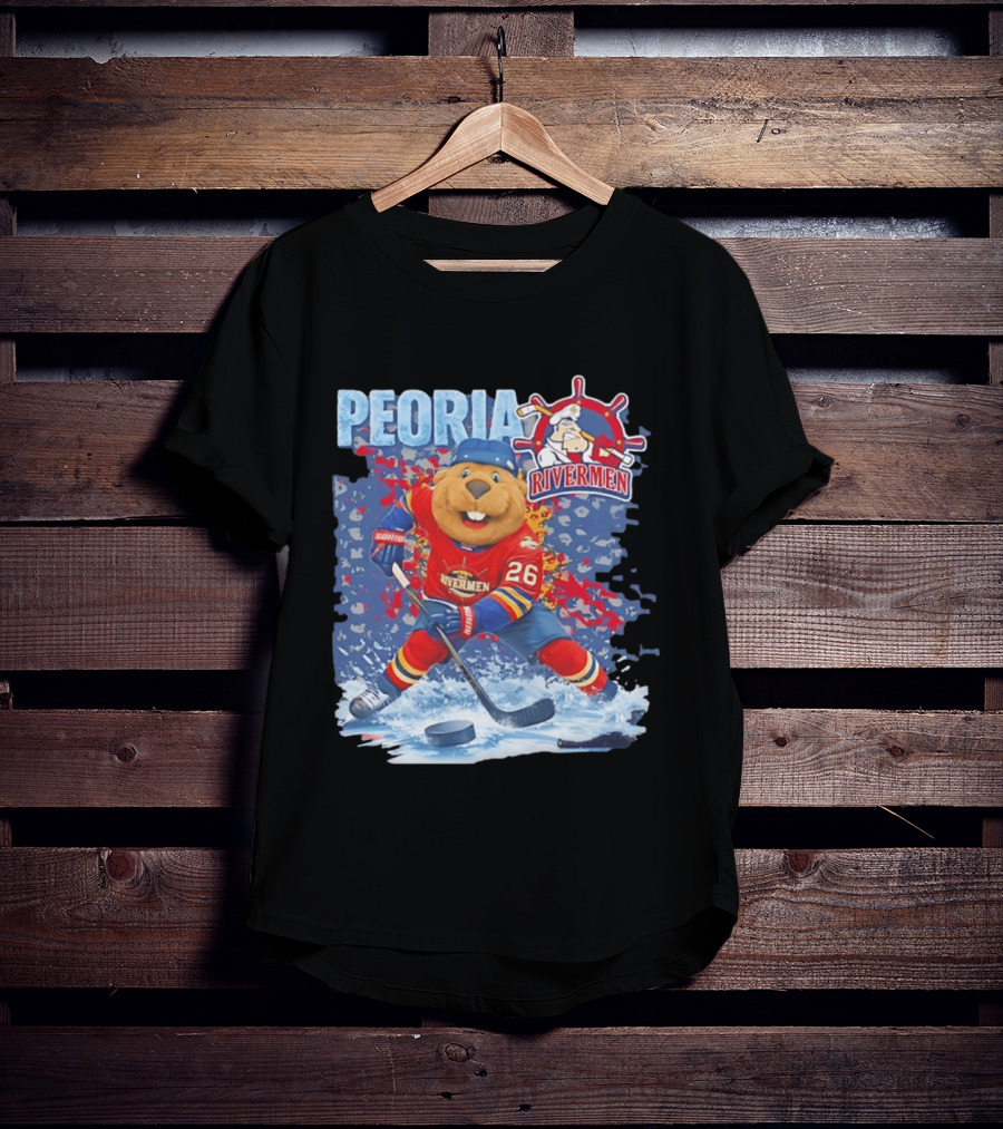 Rocky Peoria Rivermen Hockey Beaver Mascot Skating T-Shirt