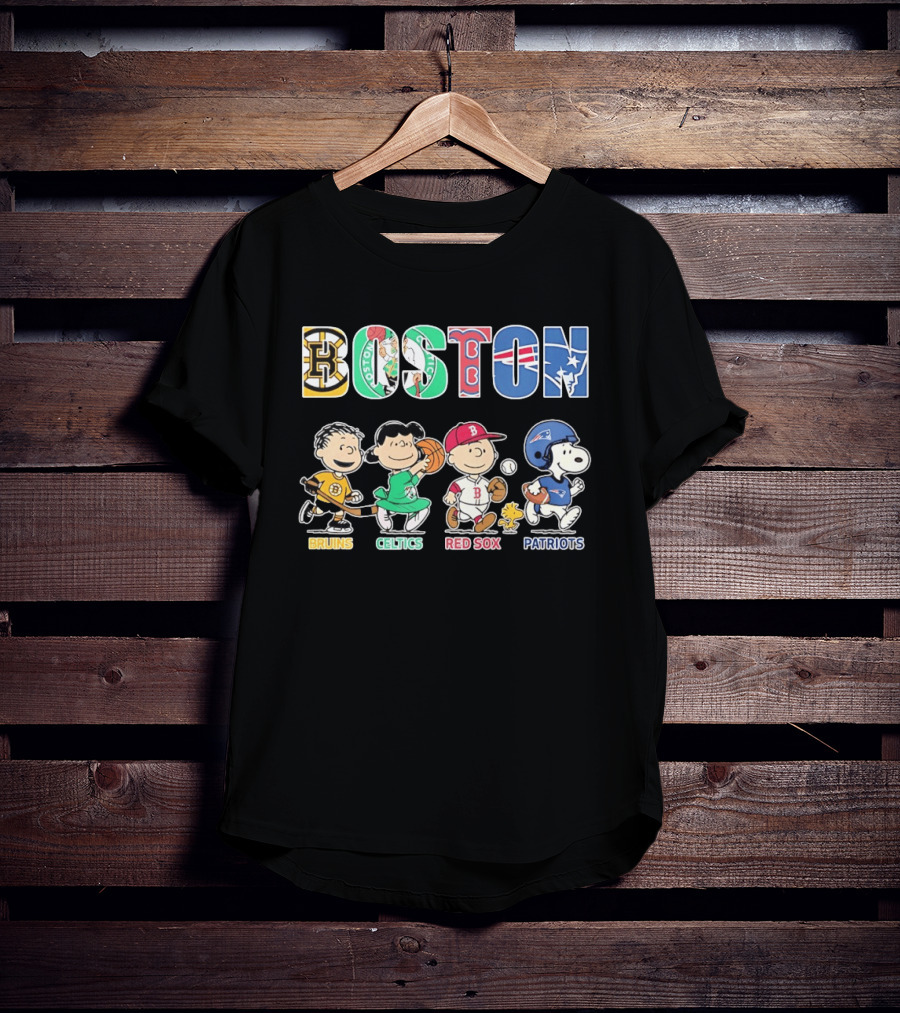 Peanuts Characters In Boston Bruins Celtics Red Sox Patriots Team T-Shirt