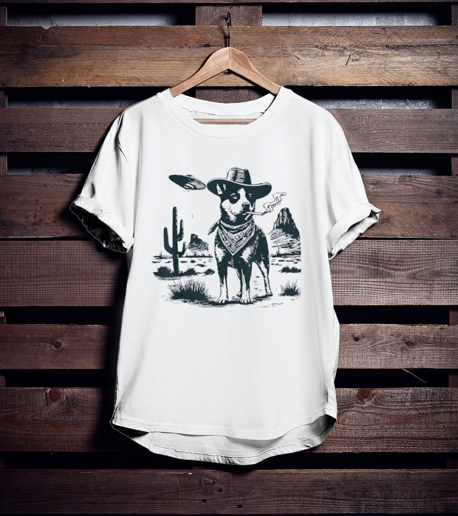 Australian Cattle Dog Smoking With UFO And Western Cowboy Desert Scene T-Shirt