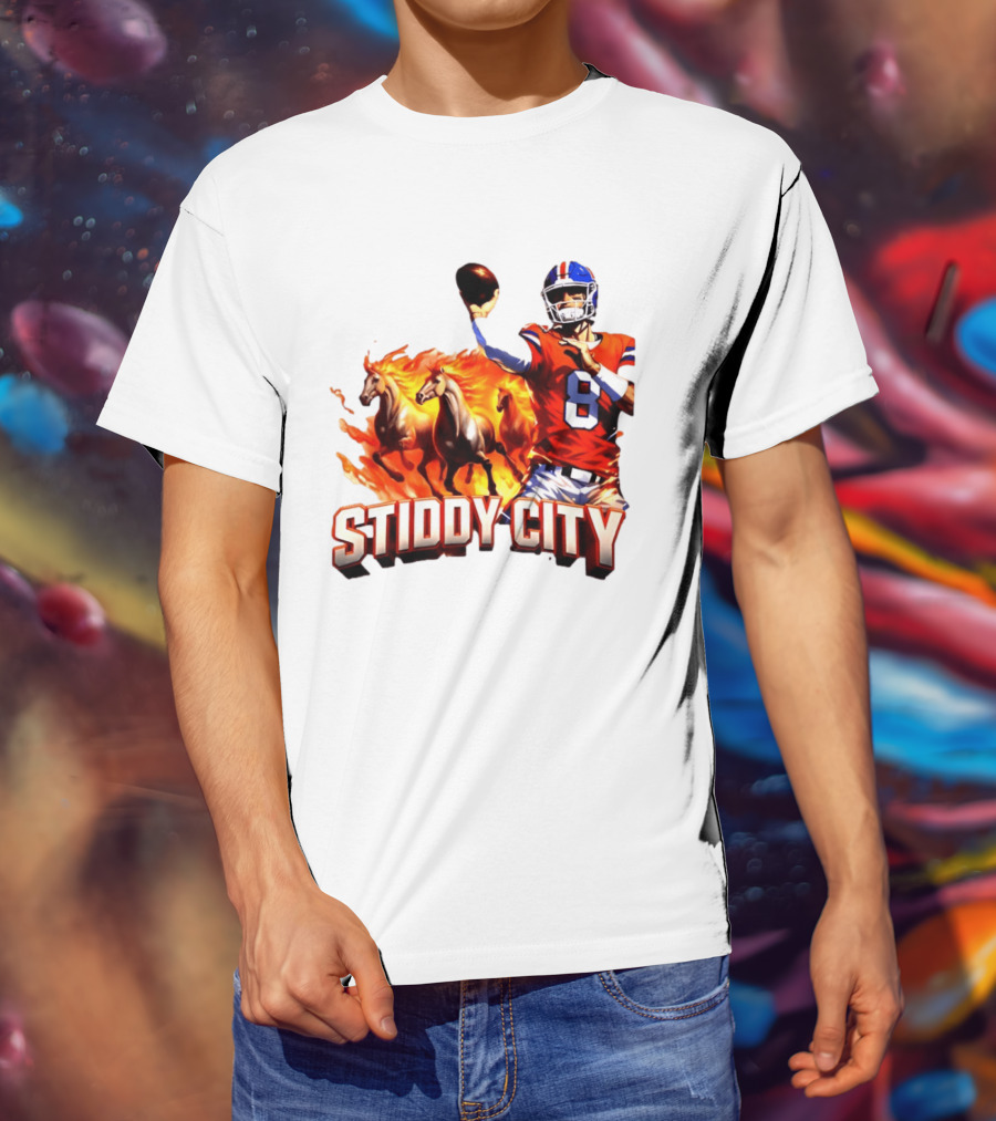 Denver Broncos Stiddy City Quarterback And Horses In Flames T-Shirt
