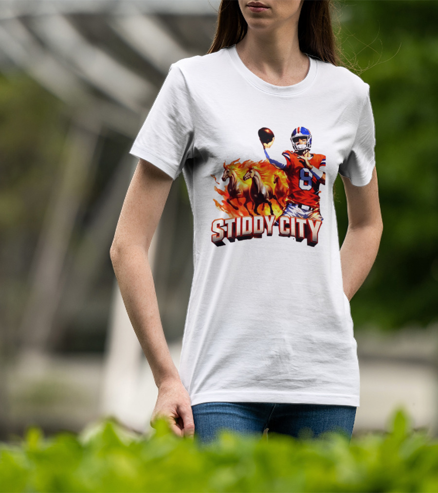 Denver Broncos Stiddy City Quarterback And Horses In Flames T-Shirt
