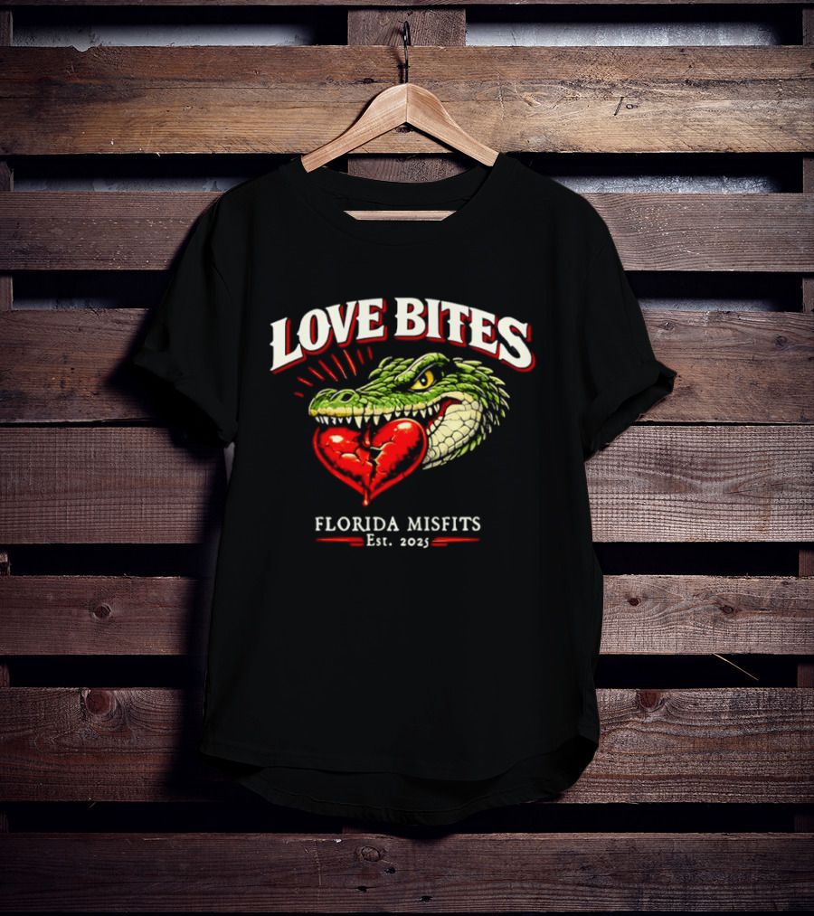 Love Bites Crocodile Broken Heart Florida Misfits Est 2025 T-Shirt