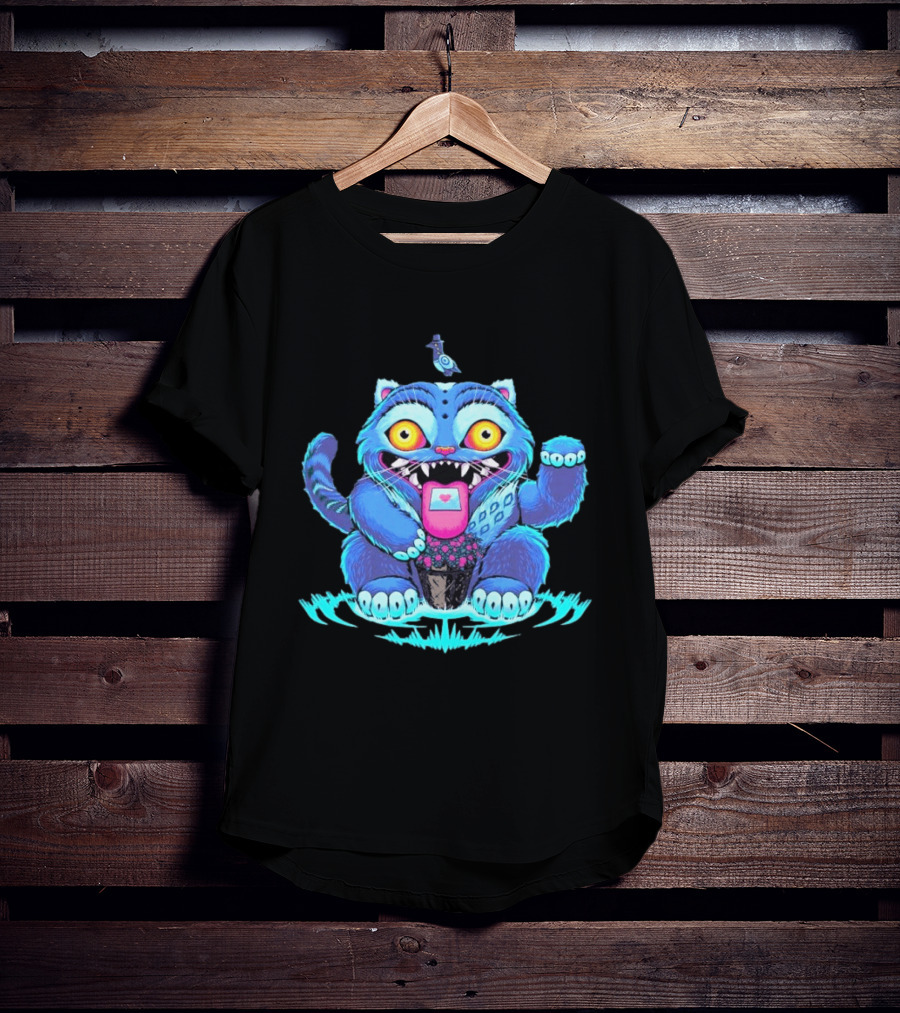 Lucky Derpy Cheshire Cat Maneki Neko Fusion Vibrant Blue T-Shirt